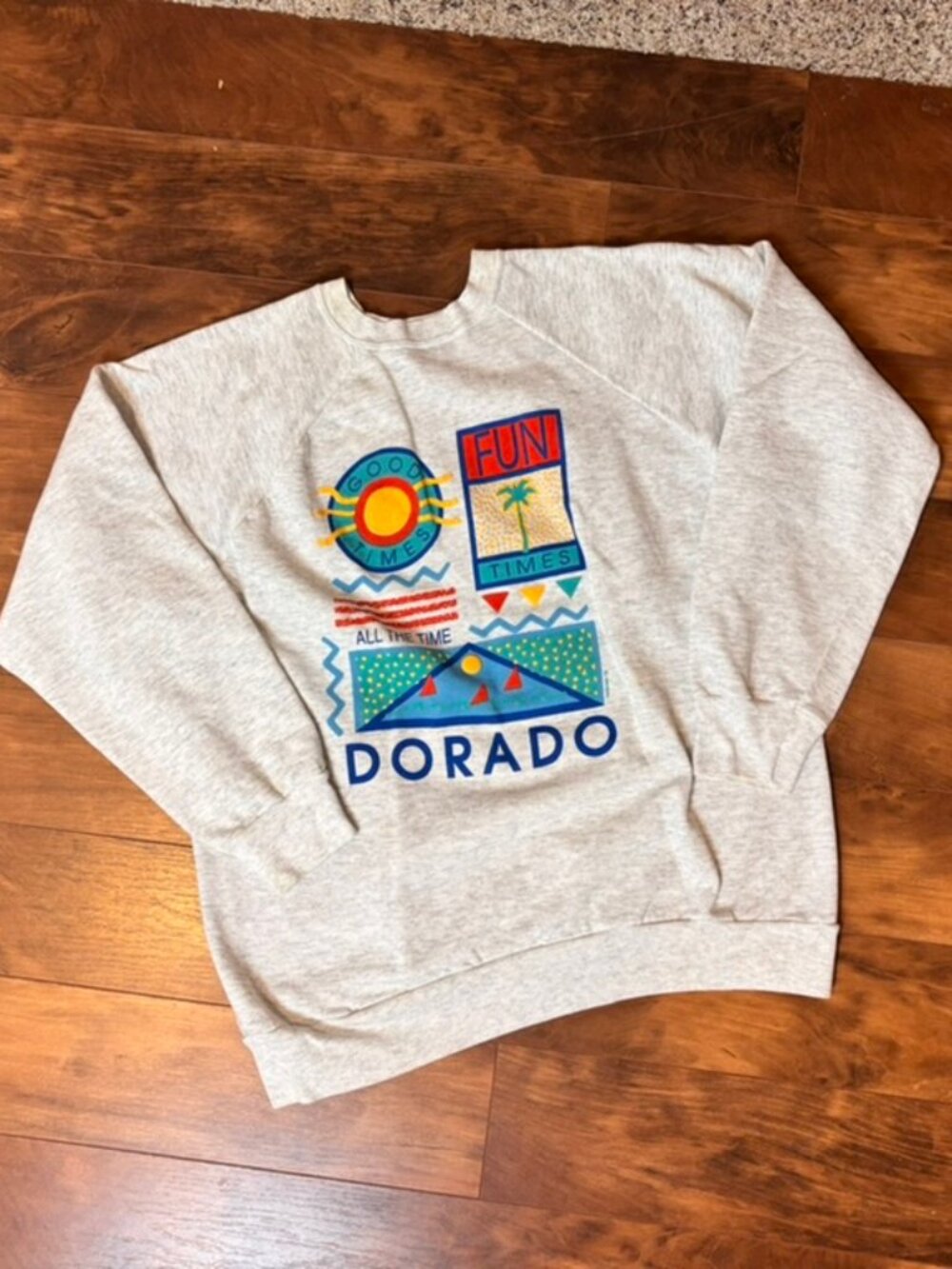 Vintage 90s sweatshirt heather gray fabric and "Dorado" Beach graphic